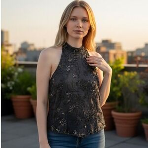 Mes Ami Beaded Halter Top Women XL Black High Neck Zip Back Floral Sequin Tank